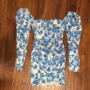 Floral Blue and White Off-Shoulder Bodycon Dress
